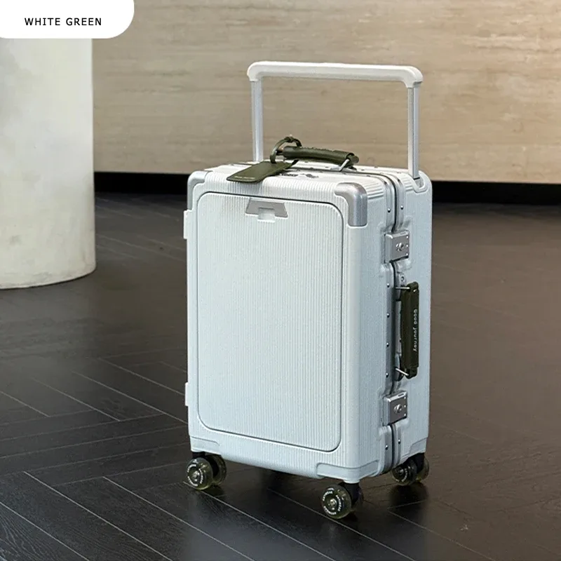 valise roulettes toupie poignée supérieure texture rugueuse couleur blanche accents violet doré usage voyage
