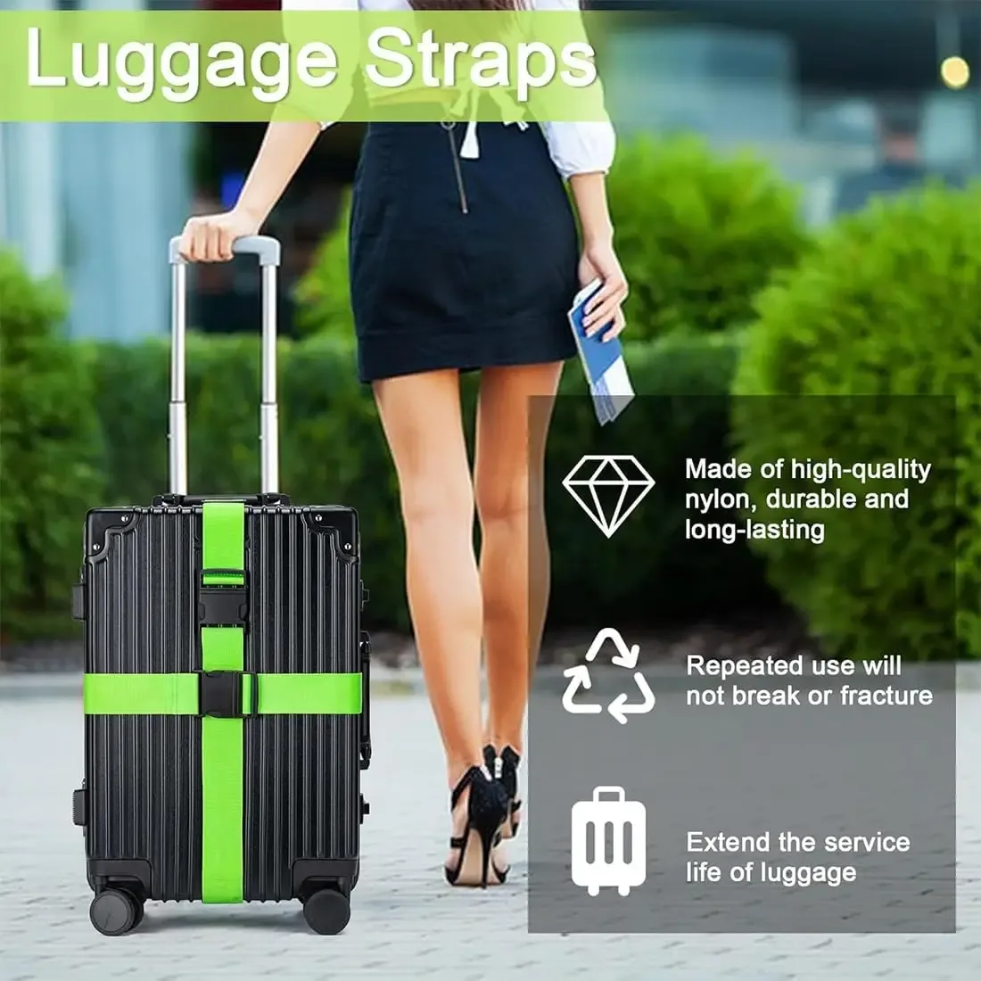 ensemble de sangles à boucle monobloc, sangle d'emballage en nylon résistante à l'usure, sangle de bagage anti-ouverture, étiquette d'identification pour compagnies aériennes, accessoires de bagage pour voyages et déplacements professionnels, adaptés aux voyageurs / étudiants / professionnels en déplacement, accessoires anti-ouverture pour bagages à main.