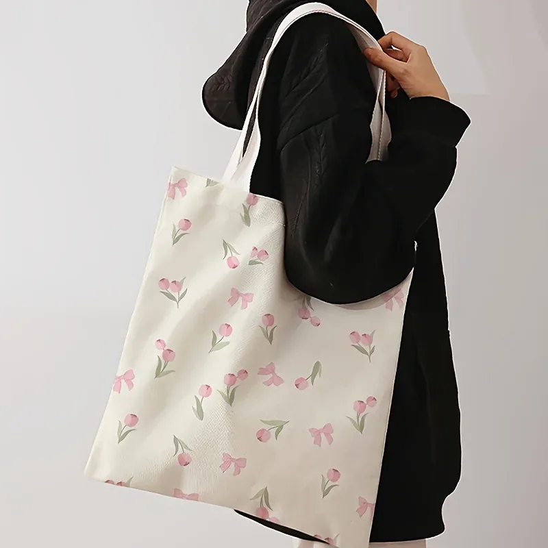 Sac à main décontracté imprimé tulipe, sac à dos réutilisable à la mode, sac à main multifonctionnel, sac de shopping en toile