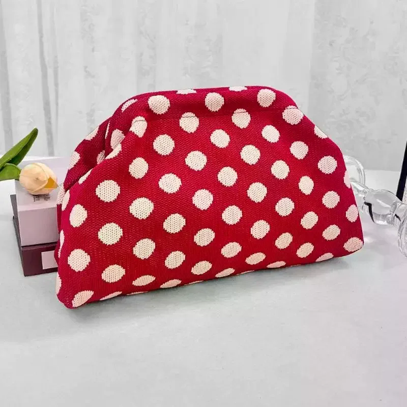 trousse de maquillage rétro européenne et américaine à pois - pochette cosmétique portable grande capacité tricotée à blocs de couleurs