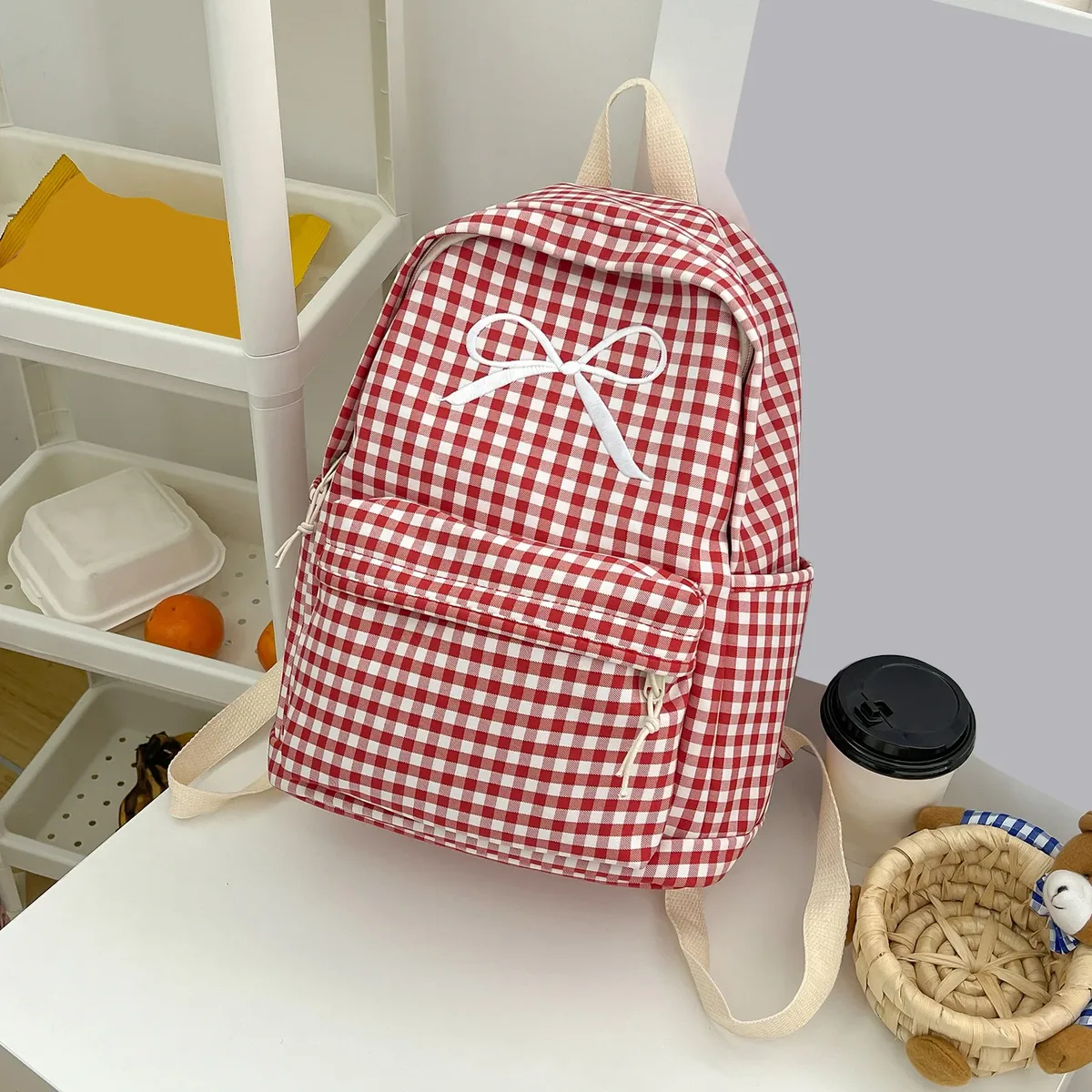 sac à dos scolaire mignon pour étudiants, multi-poches, en nylon souple, style preppy, motif quadrillé, avec nœud, pour livres, trajets quotidiens et travail