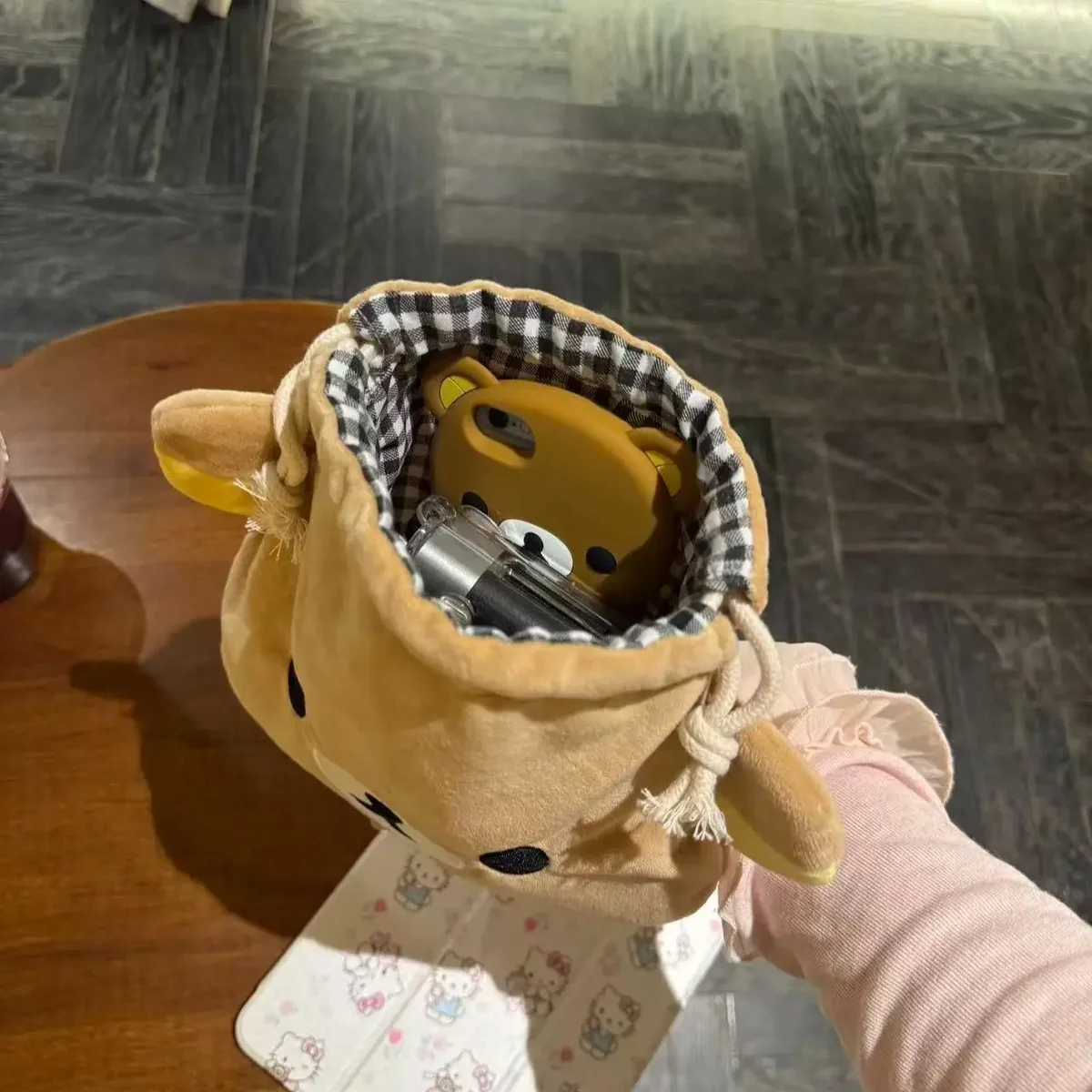 sac à cordon avec motif d'ours de dessin animé, pochette à cosmétiques de grande capacité, étui de rangement portable pour câbles usb, bijoux, pinceaux de maquillage