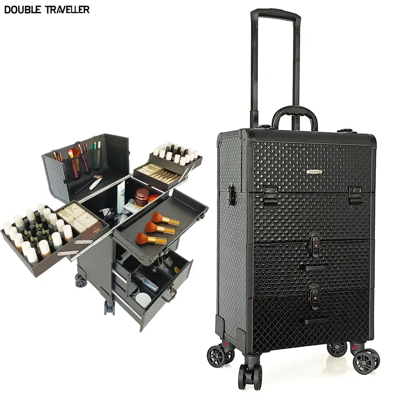 Valise Maquillage ABS Noire Géométrique Relief Toupie Roulante Voyage Grande Capacité Cosmétique Trousse Organisateur