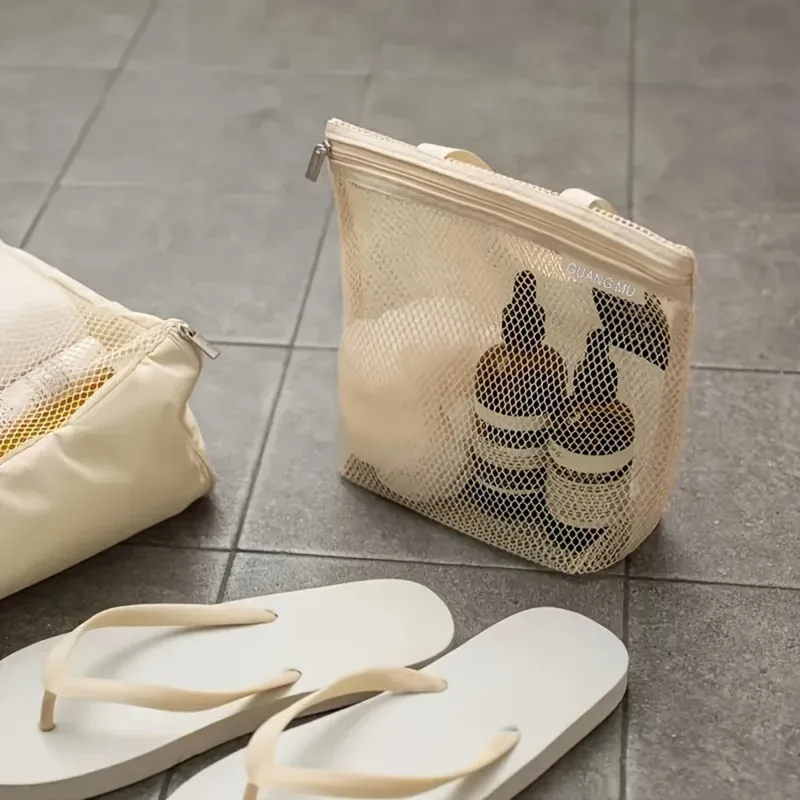 sac de maquillage en maille portable, imperméable, sac de toilette de voyage, respirant, séchage rapide, pochette organisatrice de cosmétiques pour salle de bain et salle de sport
