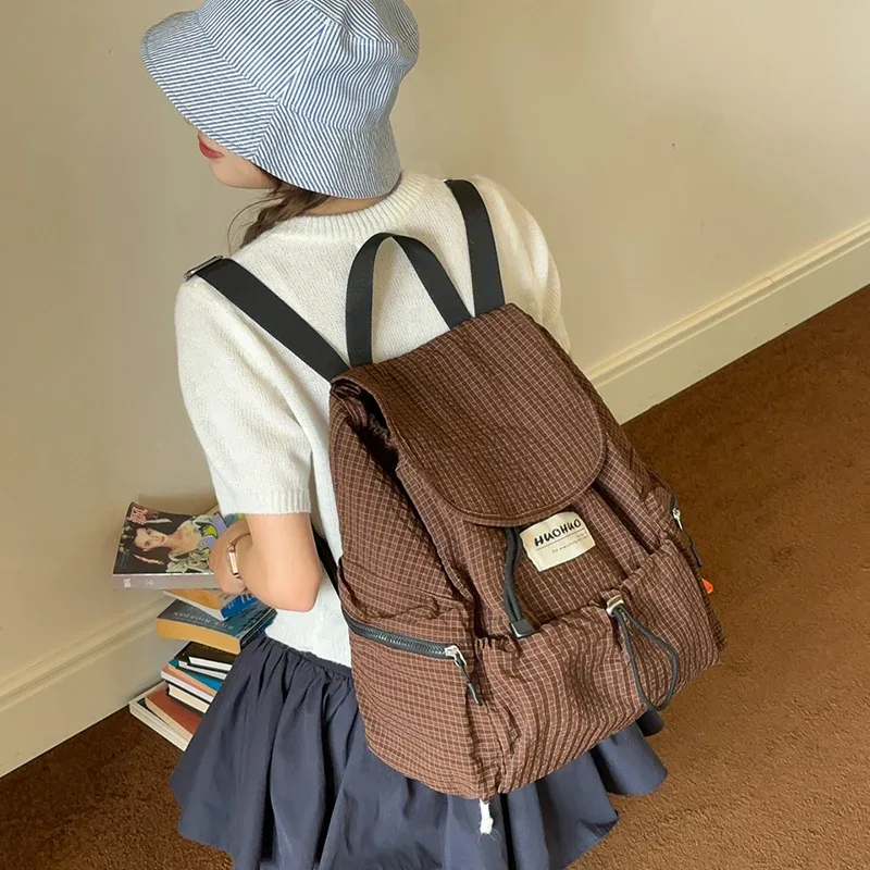 sac à dos minimaliste à carreaux tendance, grande capacité, multi-poches, décontracté, pour étudiants, sac d'école, sac de voyage vintage à carreaux.