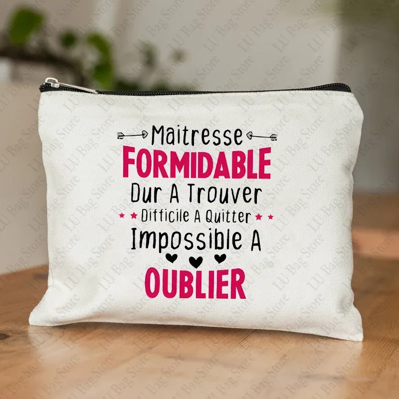 trousse de maquillage pour femmes, thème enseignant, étui à cosmétiques inspiré de maitresse avec motif éducatif de conception de style français, portefeuille pour le travail ou l'école