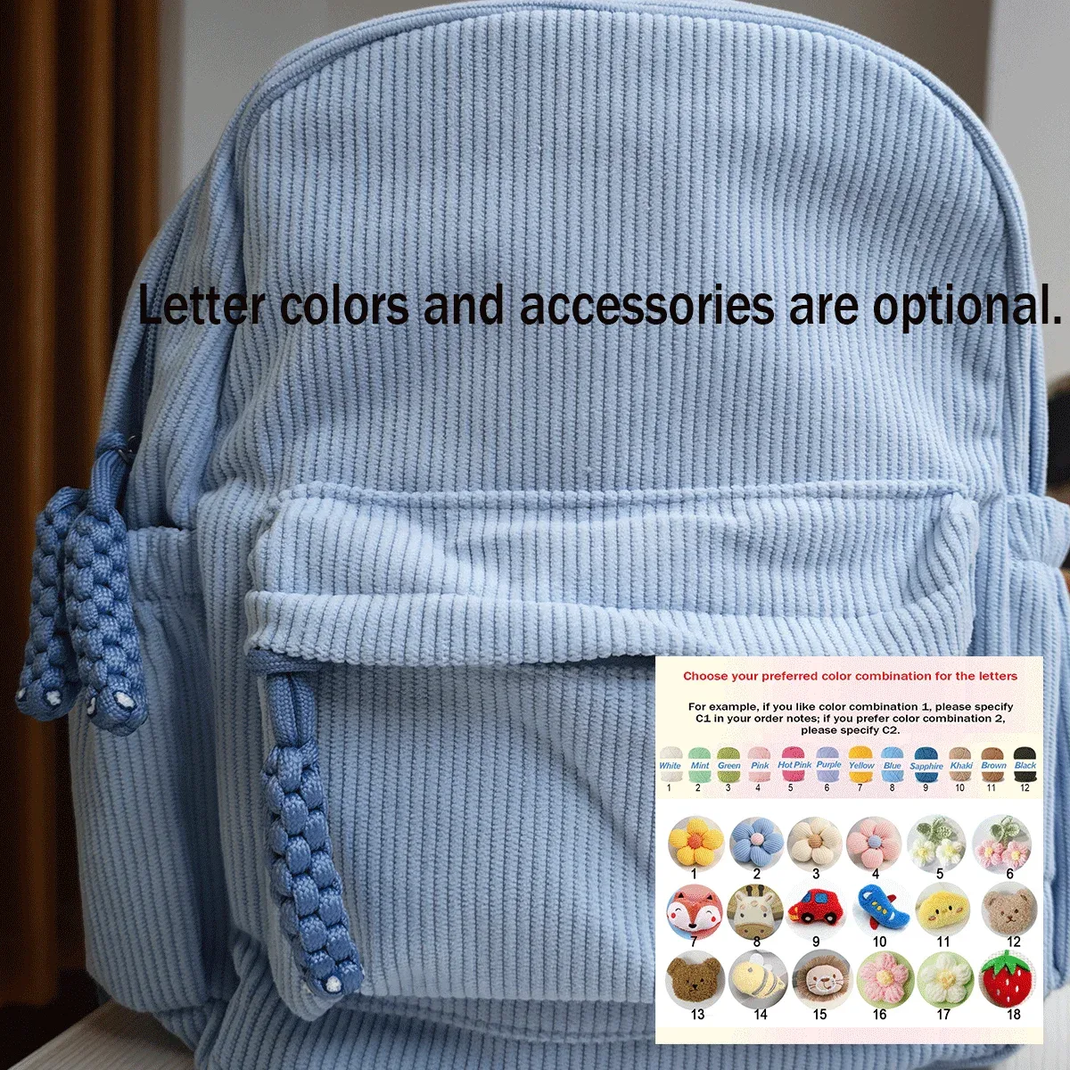 sacs à dos personnalisés en velours côtelé – sacs à dos brodés sur mesure, décorations florales/animalières, styles parent-enfant, sac pour sœur/frère