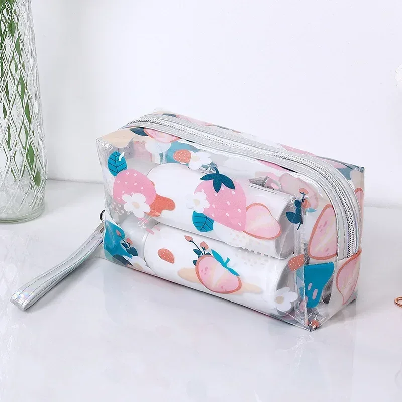 trousse de maquillage transparente étanche pour femmes et filles, trousse cosmétique de voyage, trousse de toilette, poudres transparentes, imprimé mignon, fleur d'avocat