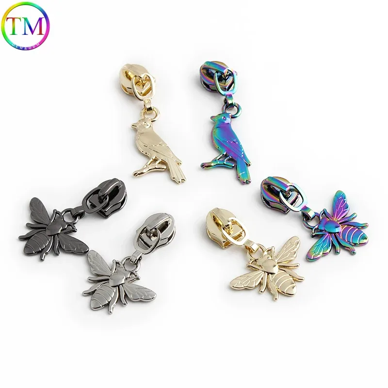 5/10 pièces en forme d'oiseau/abeille/fleur 5 # curseur de fermeture éclair en métal en nylon, pour bricolage, couture, artisanat, vêtements, sacs de rangement de voyage, accessoires à fermeture éclair