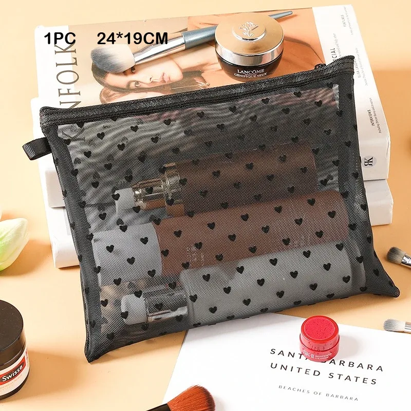 trousse toilette nylon transparents coeurs noirs fond gris petit moyen grand voyage cosmétiques maquillage