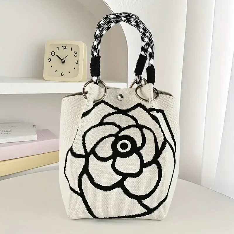 sac à main tricoté à fleurs pour femmes, sac à bandoulière couleur contrastée, sac à main de plage portable pour dames, fourre-tout de shopping