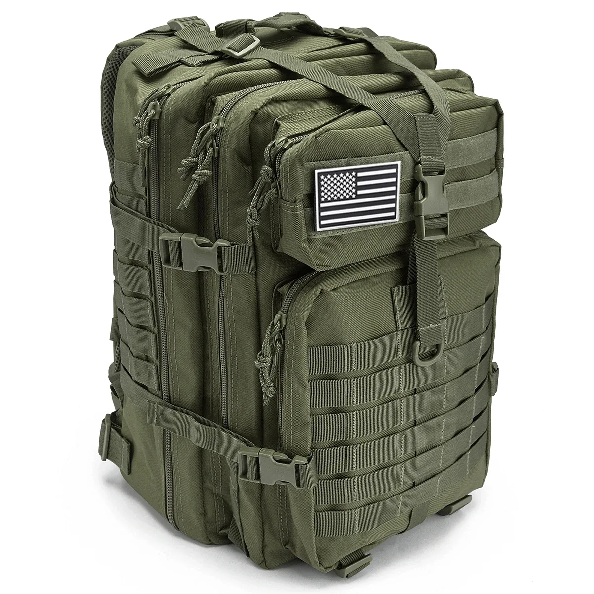 sac dos polyester olive bandes noires compartiments fermetures éclair sangles ajustables survie plein air trekkings chasse hommes