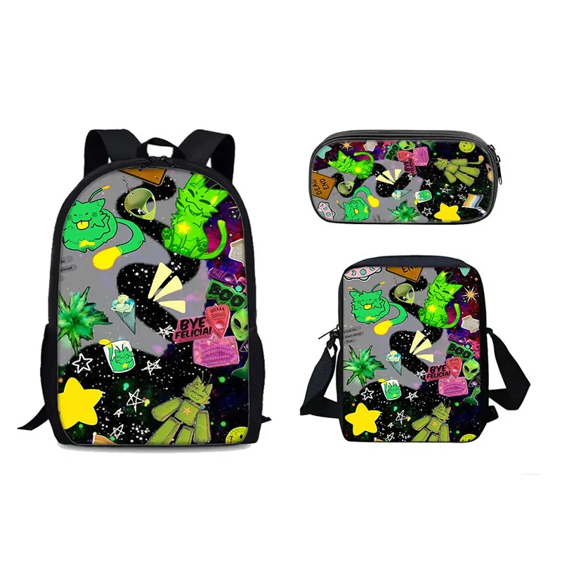 chat vert récupérateur gnarpy trois pièces ensemble sac à dos dessin animé école primaire sac à dos sac à bandoulière trousse à crayons