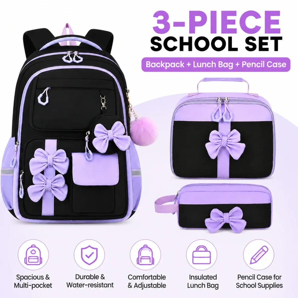 sac à dos tendance pour filles, ensemble de 3 pièces, sac à dos d'école mignon avec sac à lunch et trousse à crayons, sac à livres pour élèves du primaire et du collège