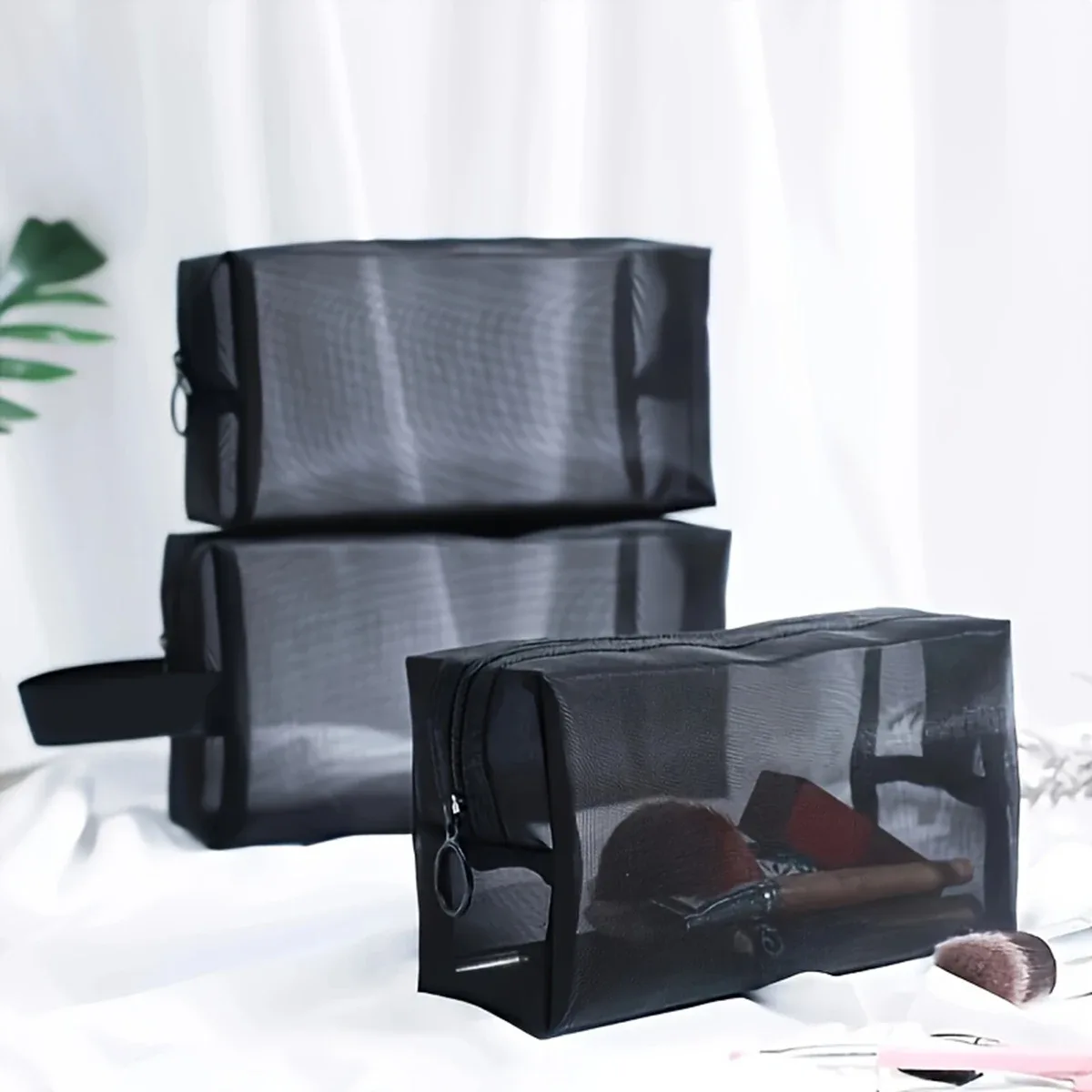 sac à cosmétiques de voyage en maille noire, 1 pièce, sac de maquillage à fermeture éclair pour femmes, trousse de toilette de lavage, organisateur de maquillage, pochette de rangement portable