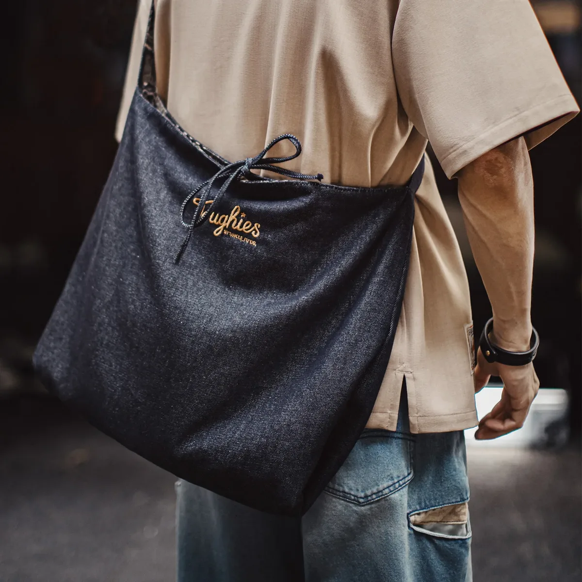 sac fourre-tout réversible en jean maden pour homme, grande capacité, sac à bandoulière, sac fourre-tout en jean double face, unisexe, portable, décontracté