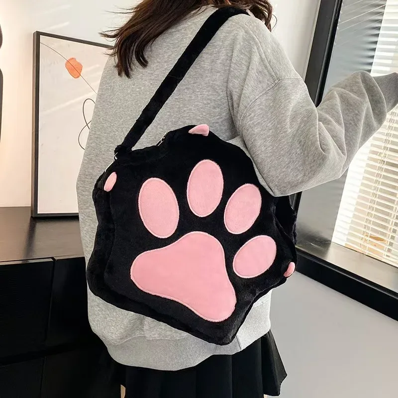 sac à dos en peluche patte de chat mignon avec bretelles réglables, sac à main en fourrure douce, sac à dos de dessin animé jk pour filles et femmes
