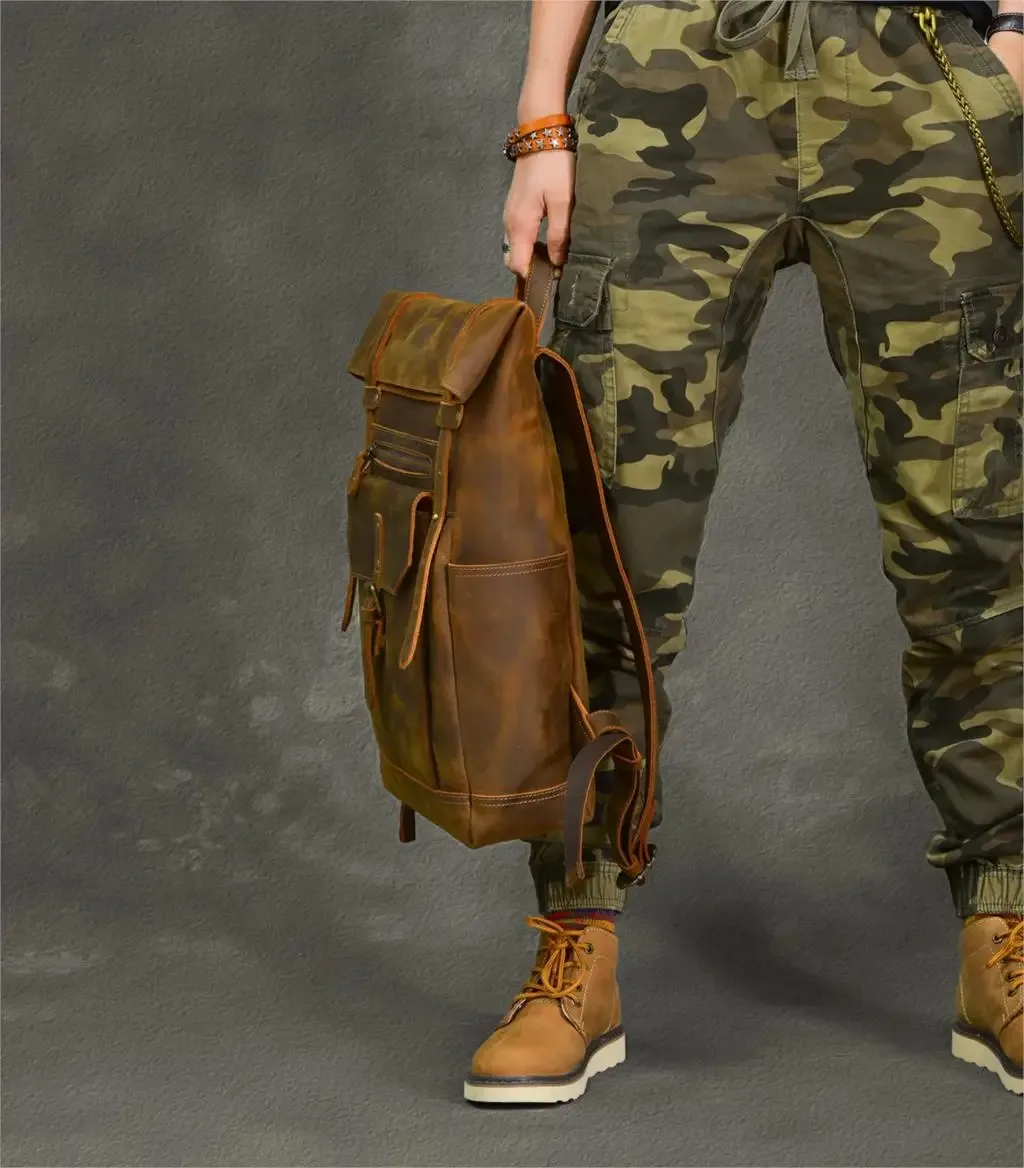 sac dos cuir vache marron bandoulière arquée pochette ordinateur capacité grande voyage retour style vieux