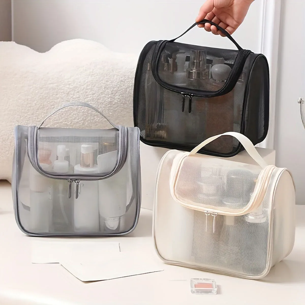 nouvelle trousse de toilette multifonctionnelle, sac de maquillage portable en nylon à mailles incurvées, sac de rangement pour cosmétiques de grande capacité pour femmes