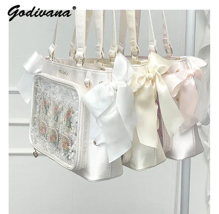 sac à main lolita de grande capacité pour filles, sac à bandoulière carré, solide, ruban de satin, original, style japonais, initié itabag