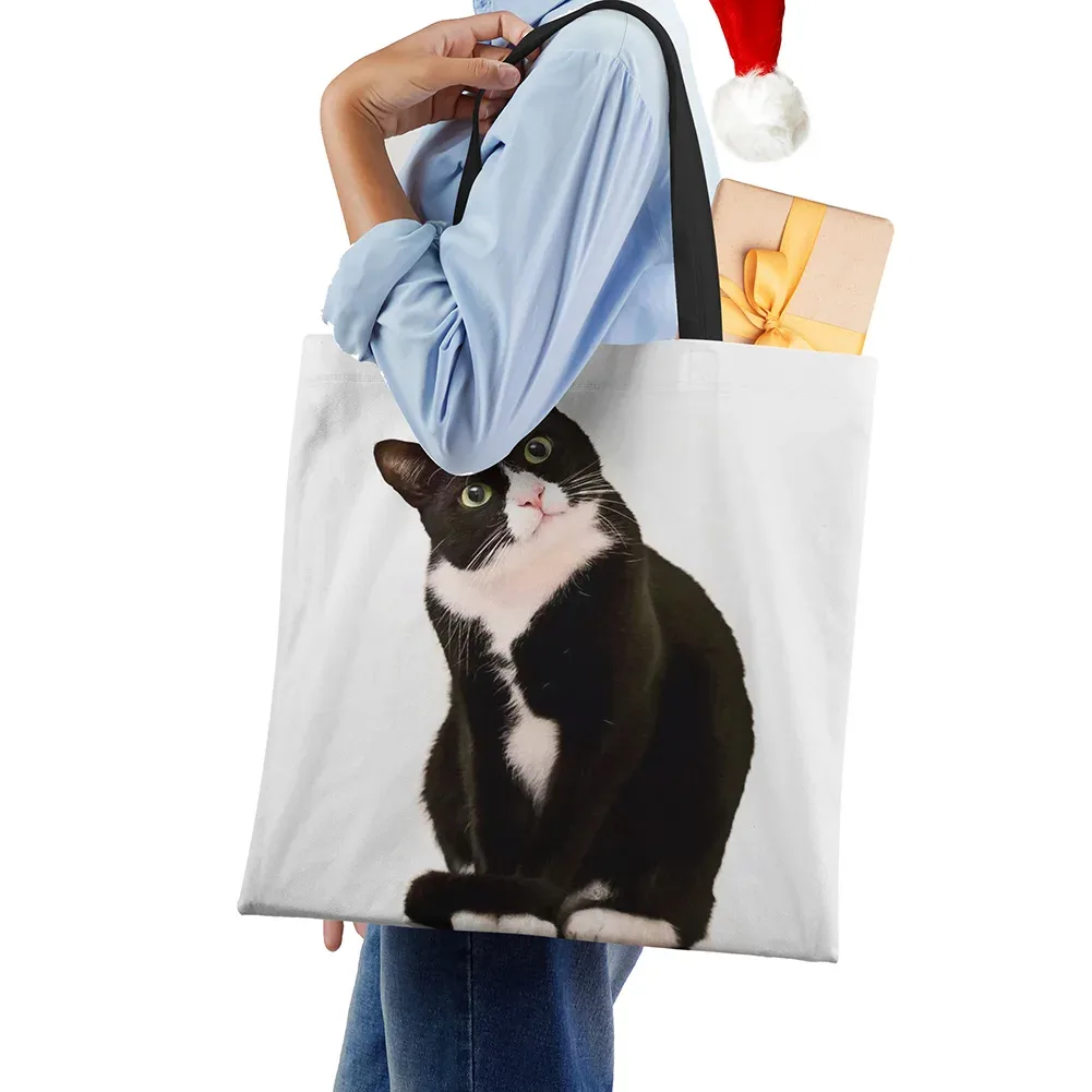 sacs fourre-tout de styliste pour femmes, sac à main écologique en tissu de lin imprimé chat noir sumi, sac à bandoulière réutilisable pour le bureau et le shopping