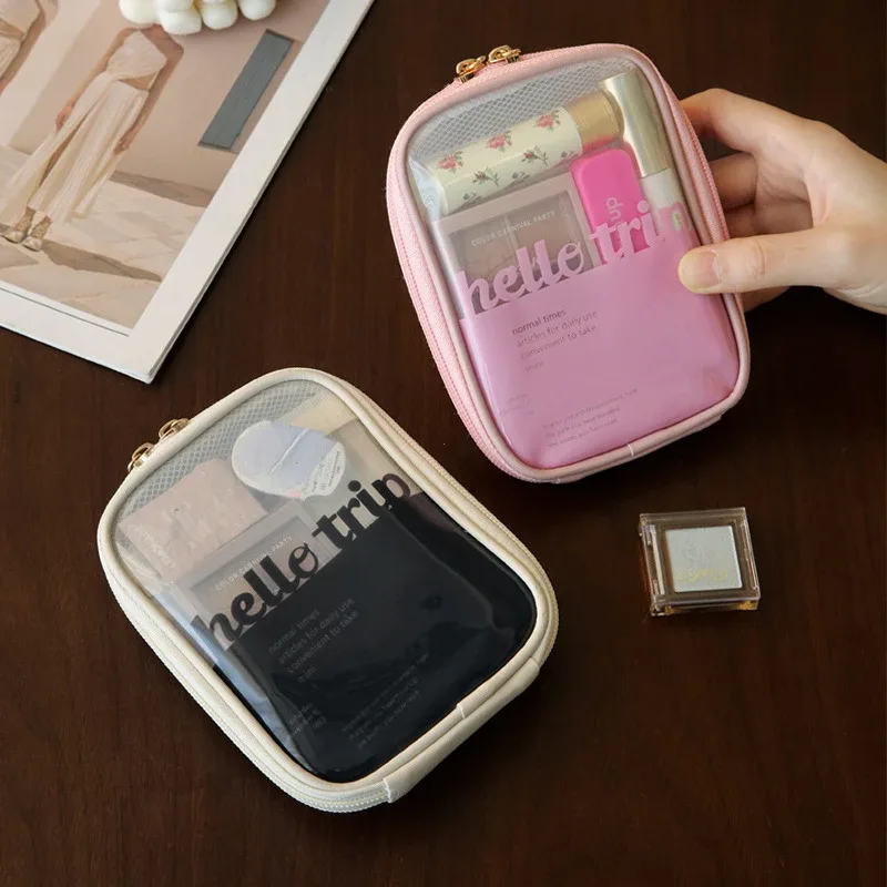 mini sac de rangement de maquillage de voyage transparent, petit sac de maquillage preppy mignon, fermeture éclair cosmétique, rangement de toilette, pochette pour pièces de monnaie pour femmes