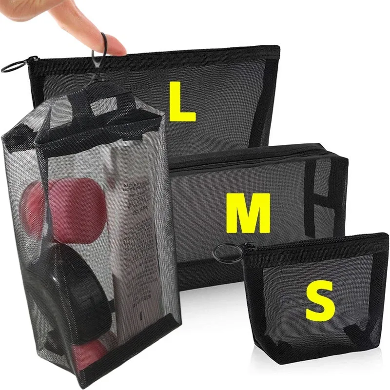 Lot de 3 trousses de toilette transparentes en maille, légères et portables, pour maquillage et rangement, noires