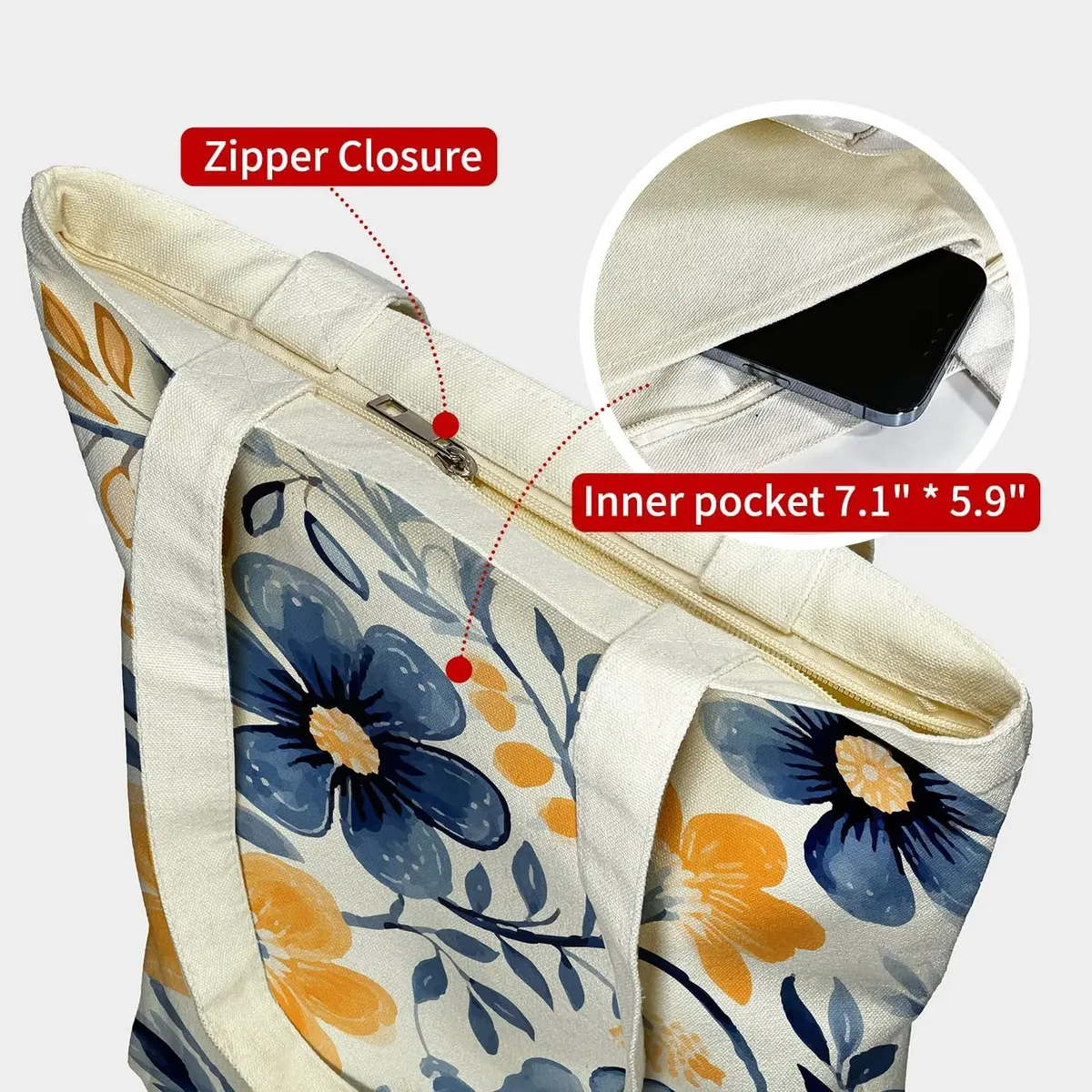 sac fourre-tout en toile pour femmes, sac fourre-tout avec poche intérieure zippée, sac en toile zippé pour le shopping, le travail, les courses, la mode au quotidien