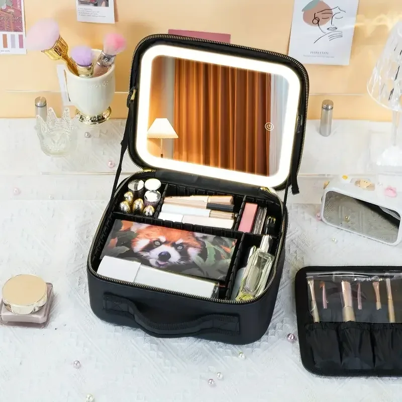 trousse de maquillage de voyage portable avec miroir, lumière led aste, étanche, non parfumée, batterie au lithium, 3 documents, 6262