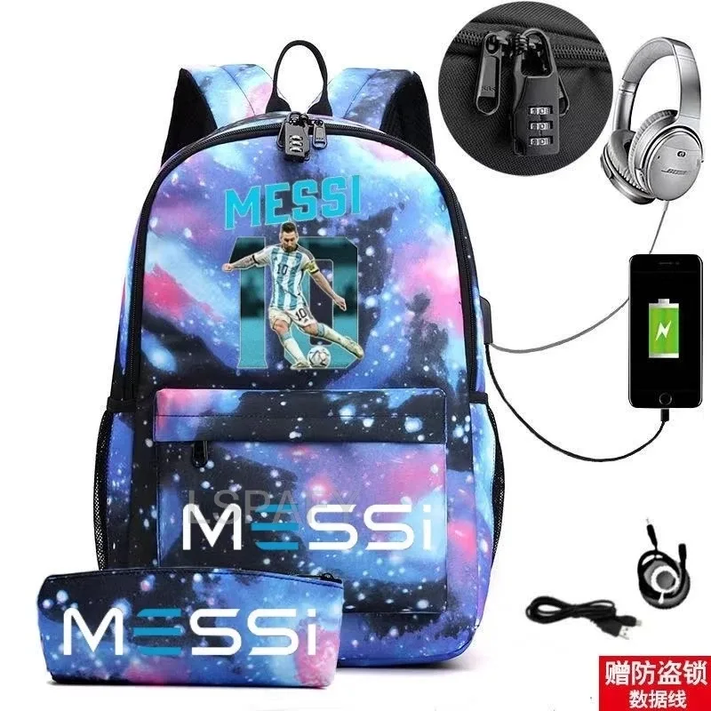sac à dos messi tendance (lot de 2) – anti-vol, unisexe, simple, pour ordinateur portable, avec port usb, grande capacité, idéal pour les voyages, l'école, les garçons et les filles