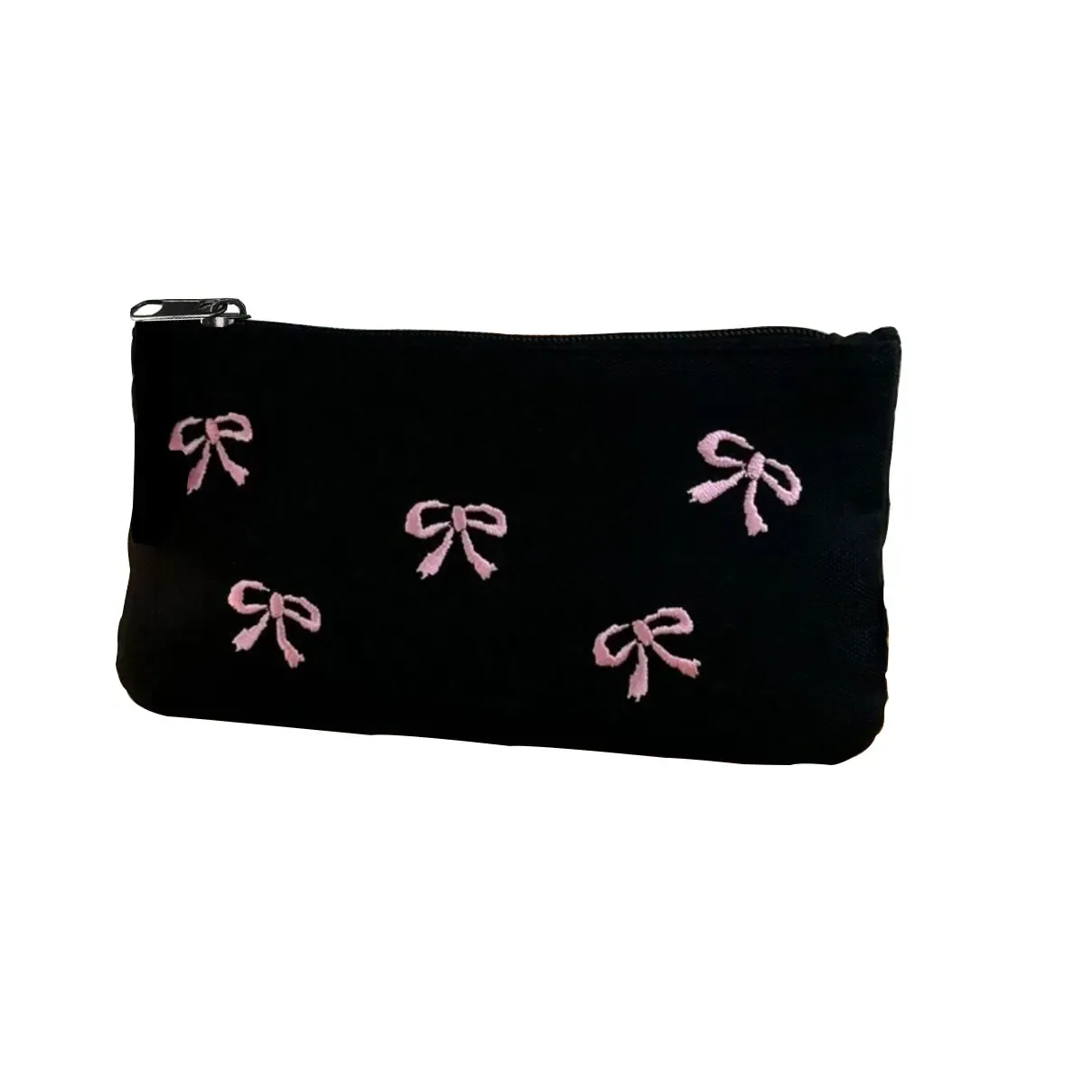 pochette à stylos noire brodée avec nœud, sac de rangement cosmétique au design élégant, sac à cosmétiques simple style ins, 1 pièce (direction de fermeture éclair aléatoire)