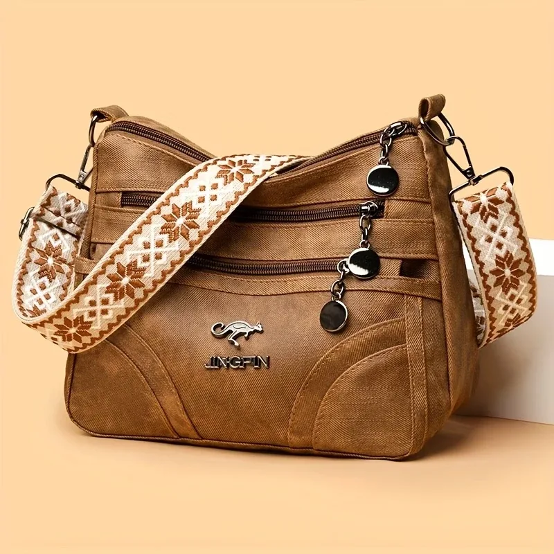 sac à bandoulière vintage gris en toile pour femme, sac messager multi-poches avec sangle à motifs, sac hobo décontracté pour le quotidien
