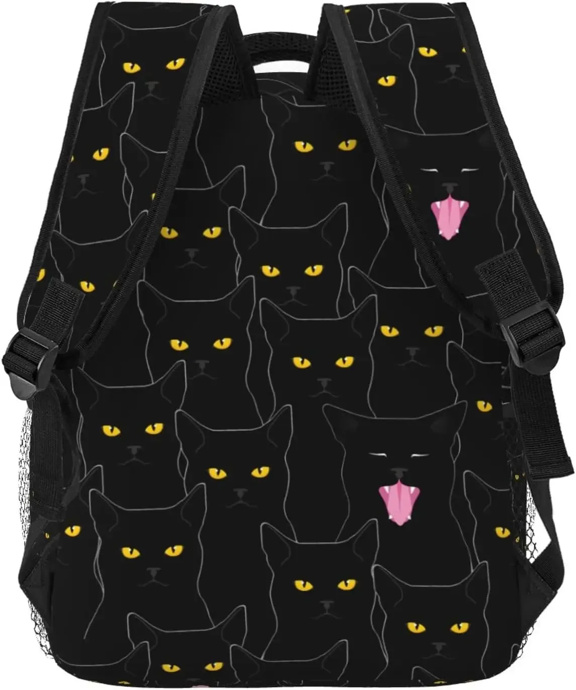 sac dos polyester chats noirs yeux jaunes lumineux noir forme rectangulaire poignées latérales usage voyage école travail sport