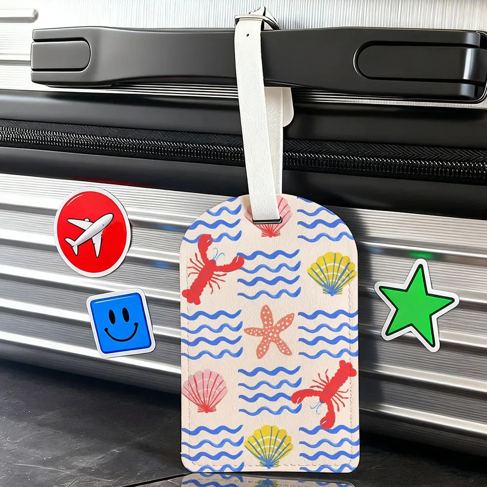 étiquette de bagage en pu motif coquille de homard et étoile de mer, style peint à la main, idéale pour valise, sac à dos, sac à main