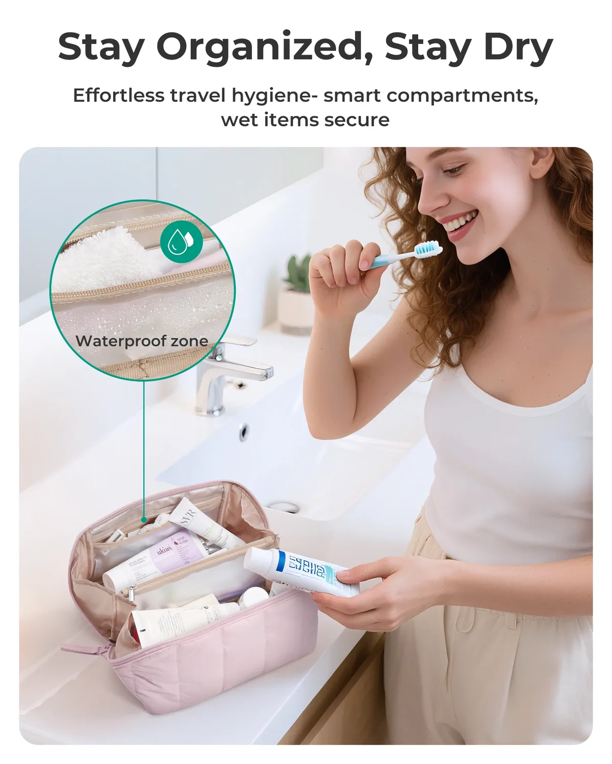 bagsmart trousse de maquillage de voyage matelassée pour femme, ouverture plate, résistante à l'eau, marron, trousse de toilette portable, organiseur de maquillage rembourré