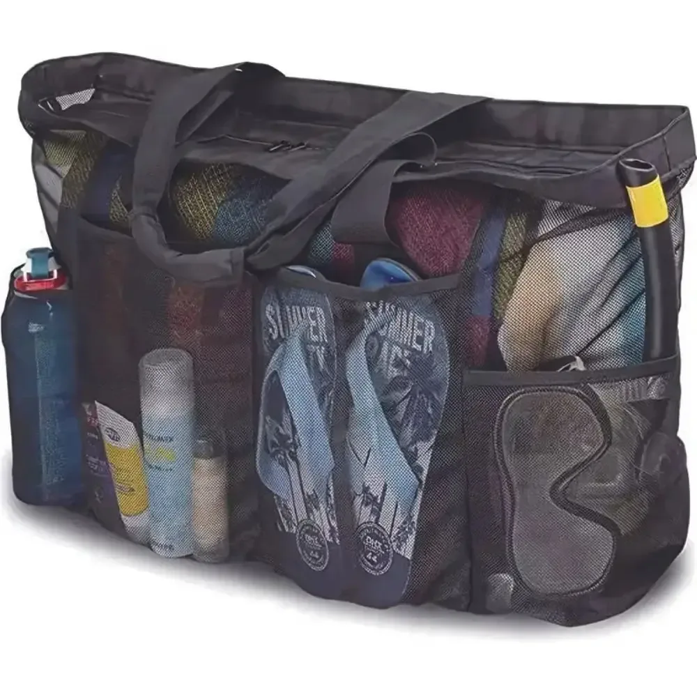 sac de plage en maille grande capacité avec cordon de serrage, paniers légers pour jouets de plage, sac de rangement portable multi-usages avec boutons-pression pour le bain