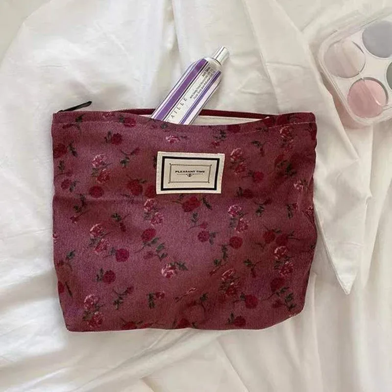 sac à cosmétiques en velours côtelé pour femmes, pochette à fleurs, trousse de beauté, trousse de toilette mignonne, grands sacs d'évaluation de maquillage, poudres cosmétiques coréennes