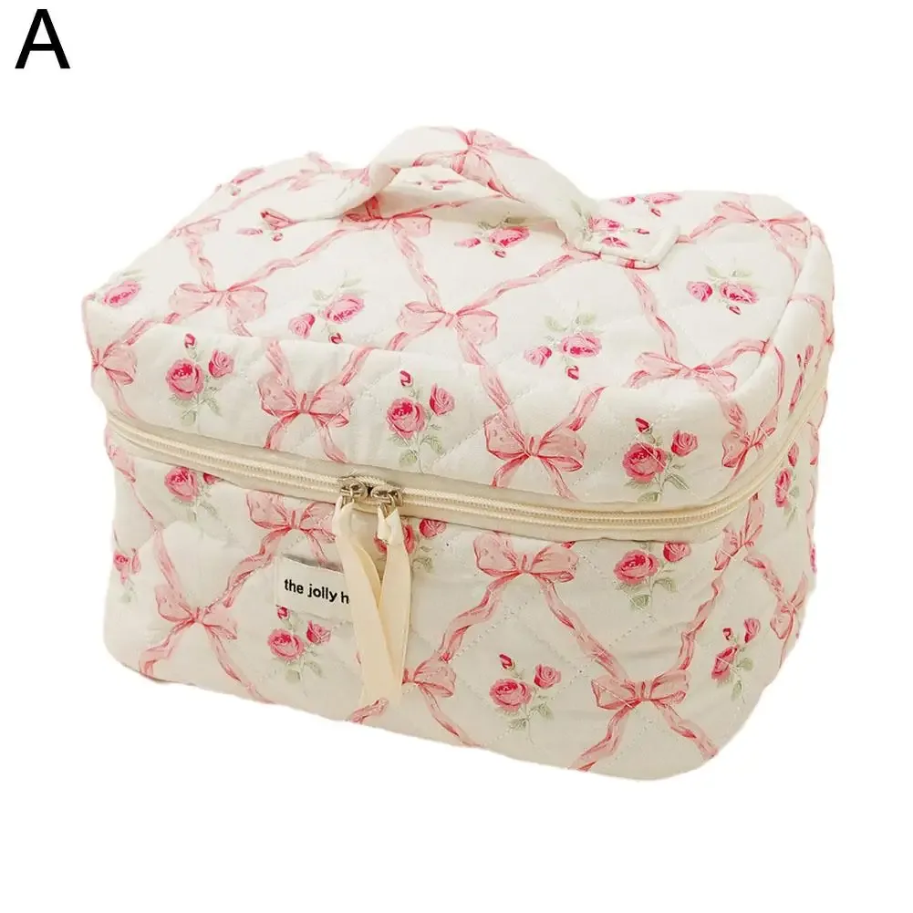 trousse de maquillage matelassurera pour femme, trousse de toilette portable pour filles, sac à main à glissière, mignon, nœud de fleur, évaluation cosmétique, grill féminin