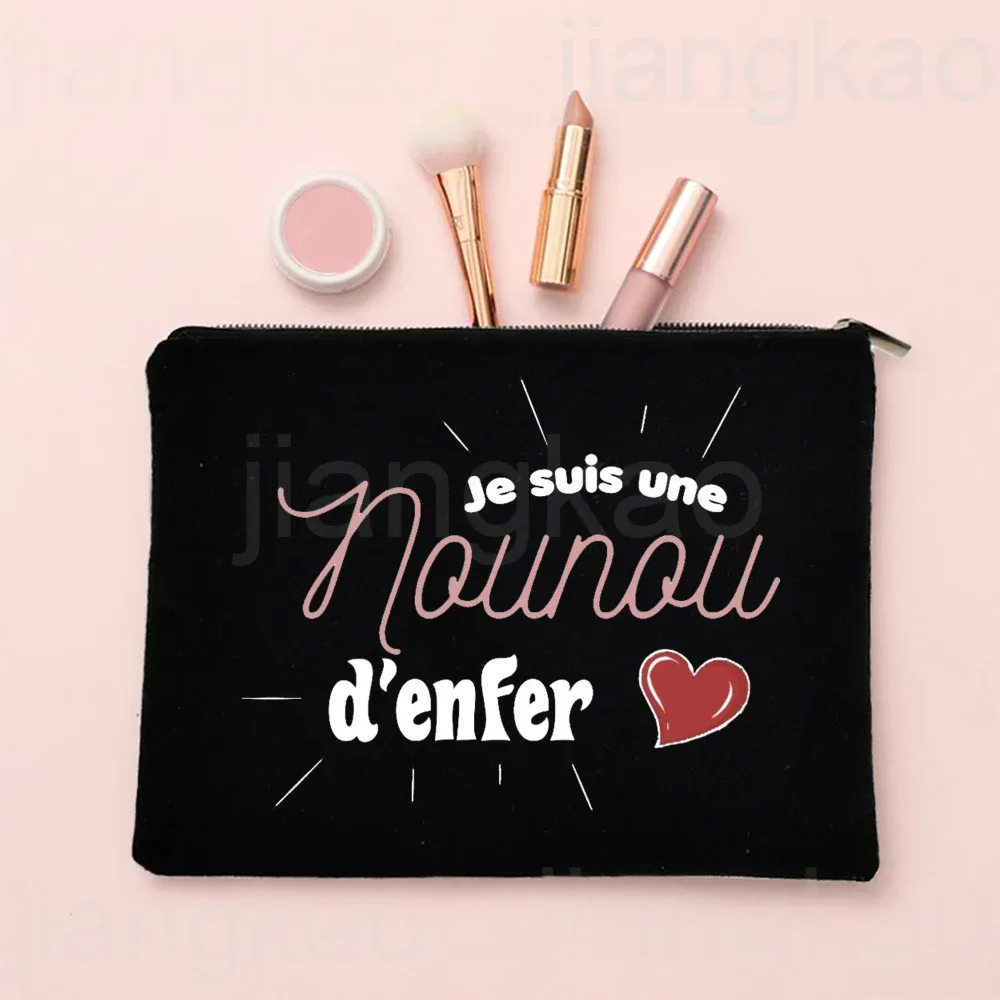 j'aime ma nounou, trousse de maquillage imprimée française, pochette de rangement de toilette de voyage, trousse à cosmétiques pour femmes, sacs à fermeture éclair, cadeau de remerciement pour nounou