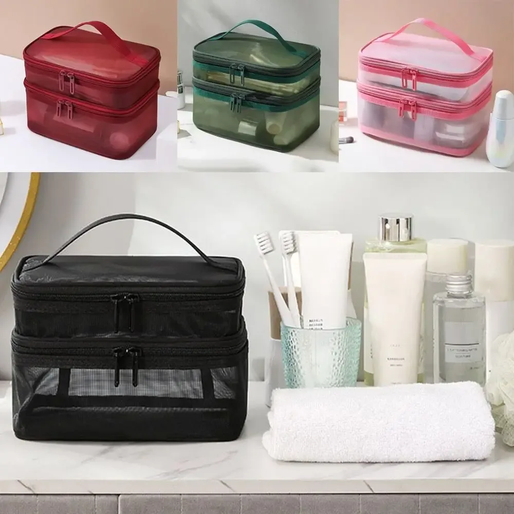 sac de voyage transparent en maille pour cosmétiques, sac de rangement de grande capacité, sac de rangement pour maquillage, sac de toilette à 2/3 couches, sac de toilette pour la gym et la natation