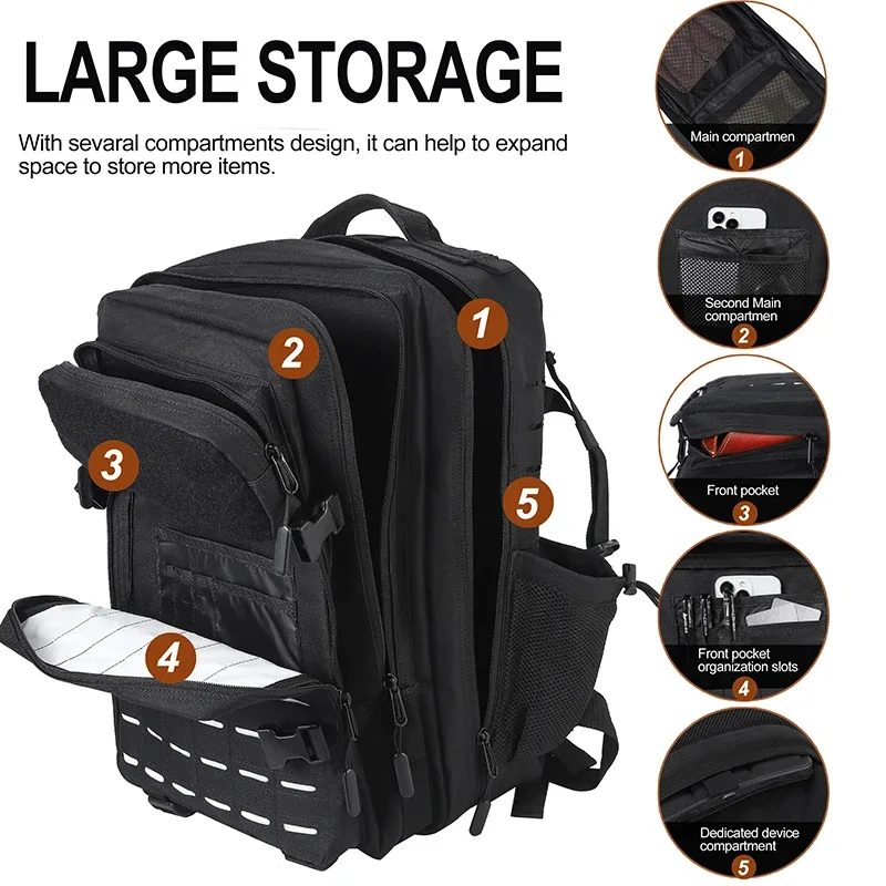 lhi 45l sac à dos tactique hommes noir spotrs athlète sac de sport camping en plein air randonnée sac à dos armée assaut pack avec porte-bouteille