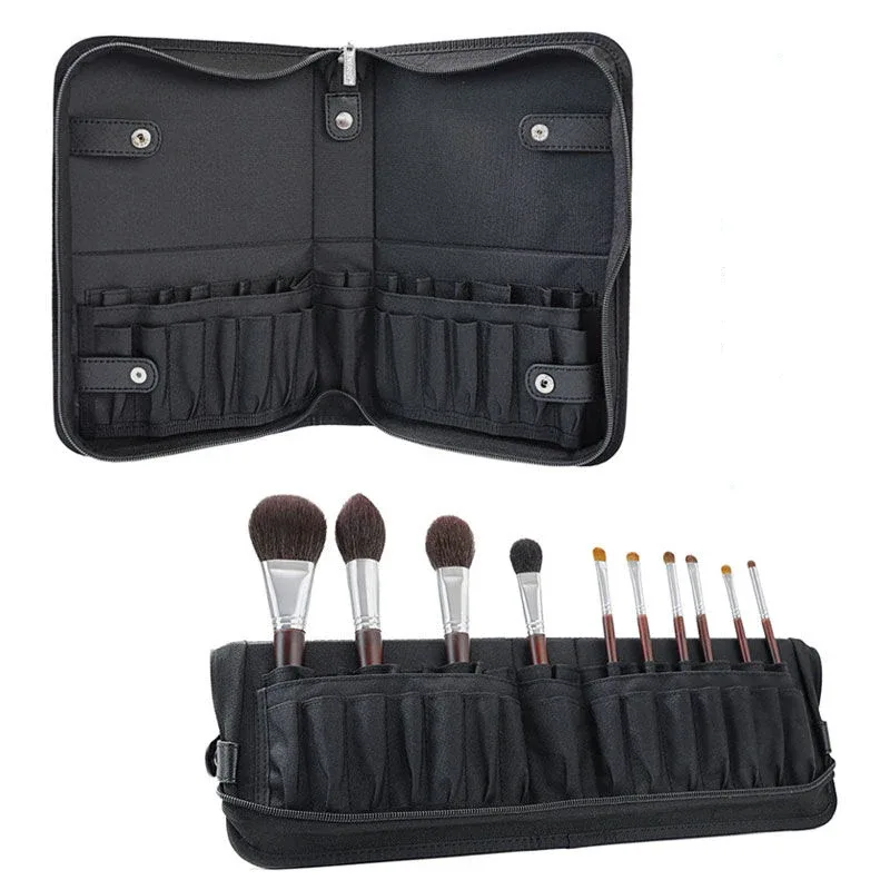 organisateur cosmétique pinceau maquillage sac pliable multifonction pu pvc noir compartiments boutons glissière usage voyage