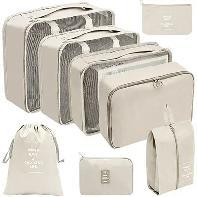 organisateur voyage polyester beige clair tissu imperméable poches maille transparente fermetures glissière poignées intégrées grande taille