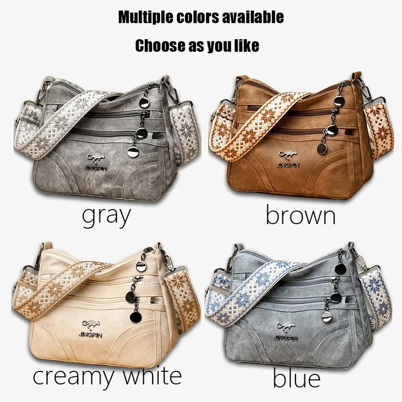 sac à bandoulière spacieux multi-poches pour femme, sac à bandoulière vintage en cuir souple avec sangle à motif ethnique pour la vie quotidienne