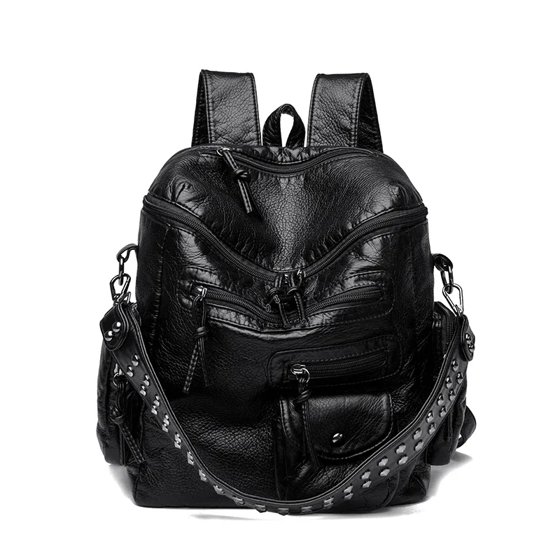 sac dos cuir matière similaire noir bleu gris marron poches multiples rivets dorés décontracté imperméable voyage école collège