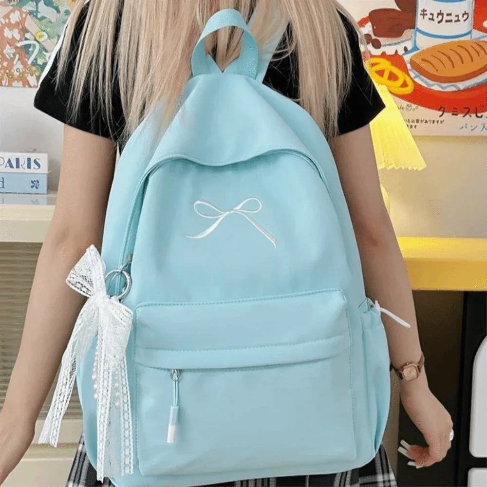 sac à dos portable pour filles avec nœud brodé, couleur unie, grande capacité, sac d'école pour étudiants, sac à dos de voyage léger en nylon