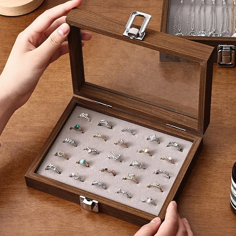 boîte à bijoux motif noyer avec couvercle, étui de rangement pour bagues, boucles d'oreilles, bracelets, chaînes, plateau de présentation en bois dur de style décontracté