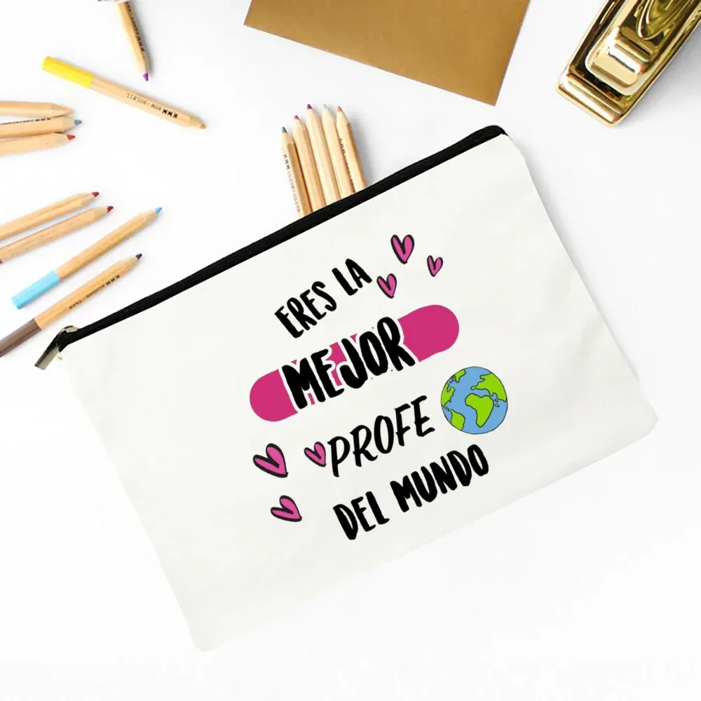 meilleur professeur du monde sac de maquillage imprimé espagnol nécessaire de voyage pochette de rangement d'articles de toilette sacs à crayons cadeau de diplômé pour enseignant