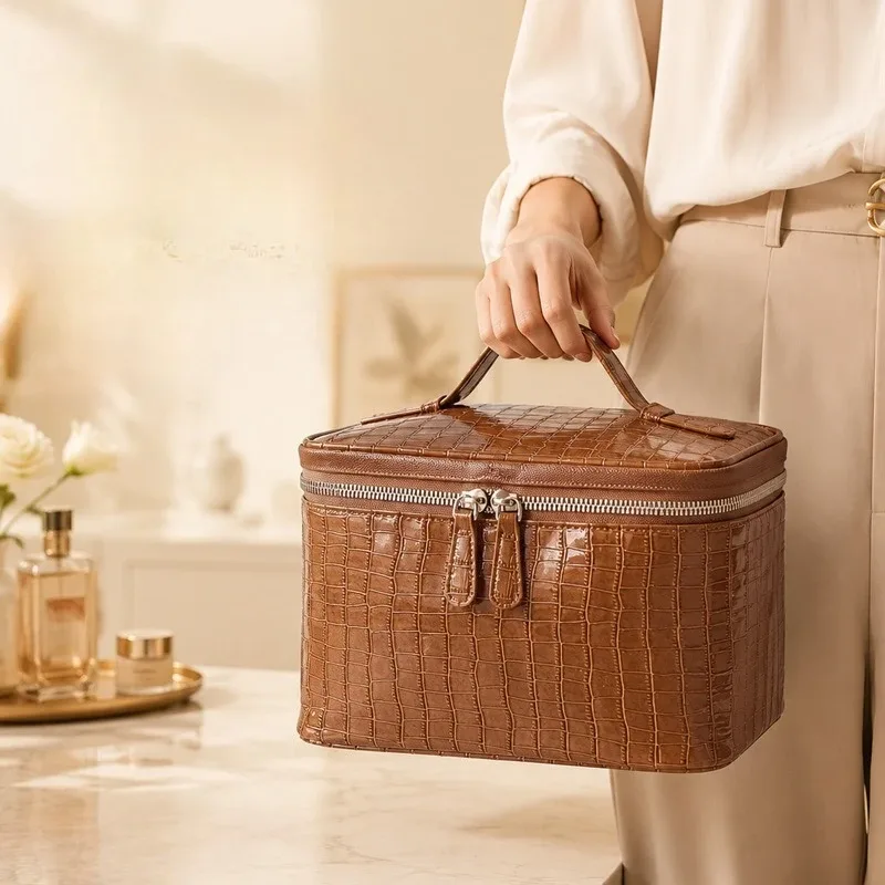 trousse de maquillage en cuir pu pour femme, grande capacité, boîte de voyage portable, organisateur de toilette à fermeture éclair, sac de rangement étanche