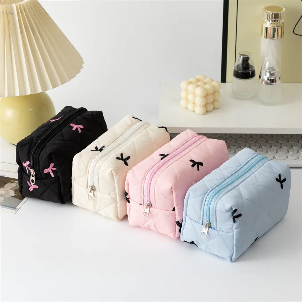 trousse de maquillage en coton matelassé avec nœud pour femme, sacs à cosmétiques à fermeture éclair, trousse de toilette portable pour fille, grande capacité, évaluation de maquillage